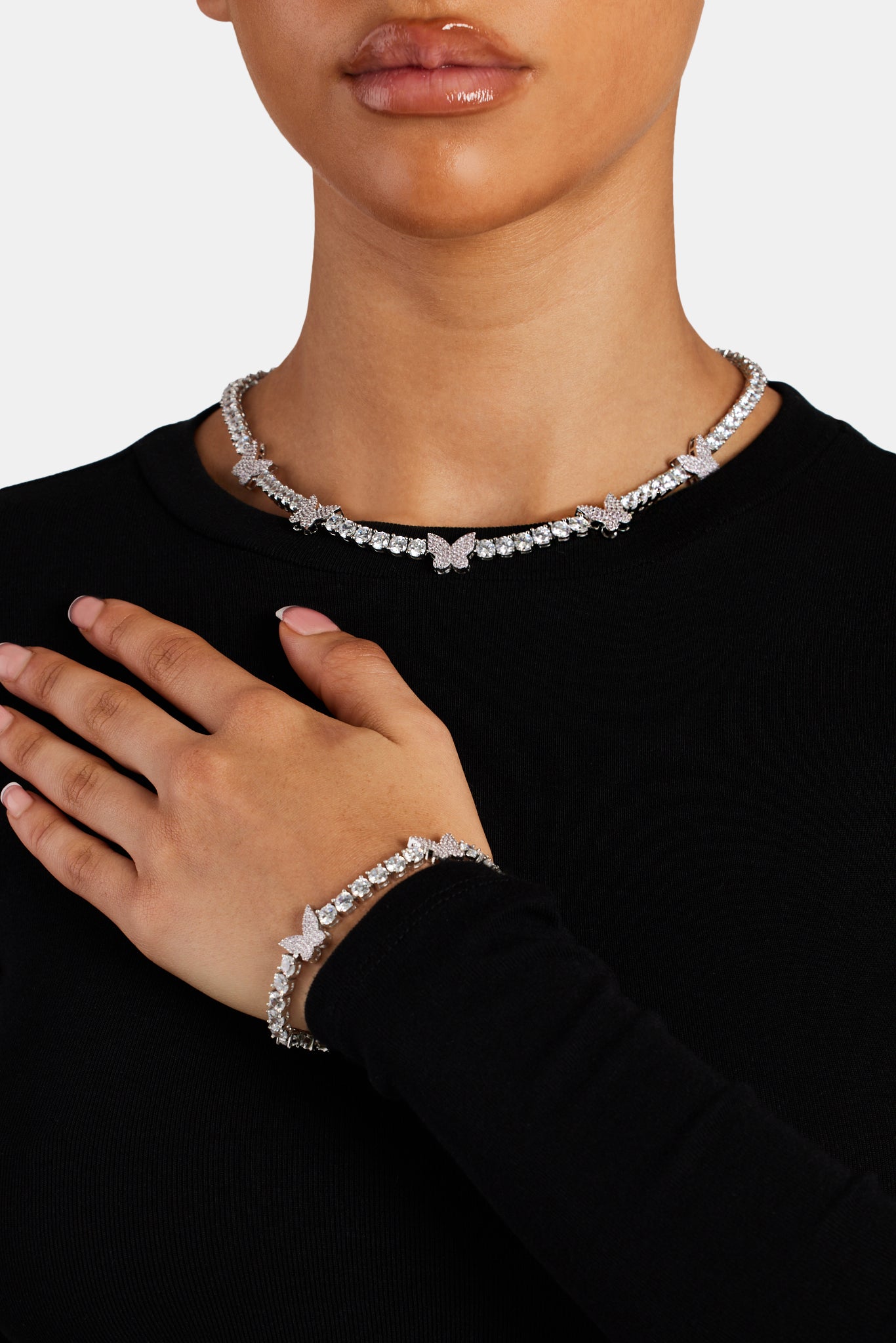 5 mm Tenniskette mit Schmetterlings-Anhänger und eisrosa Zirkonia